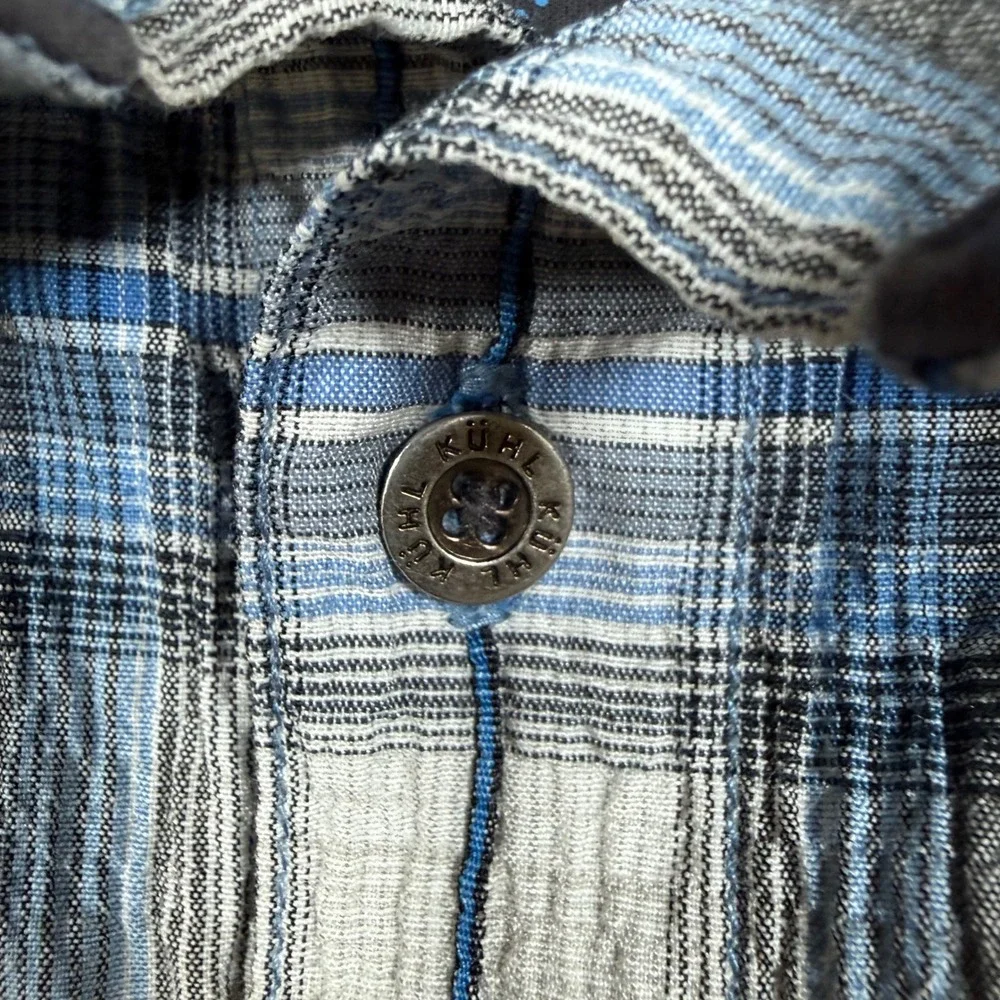 Kuhl Mens Large Blue Grey Plaid Short Sleeve Button Down Mountain Shirt Cotton - Picture 11 of 16